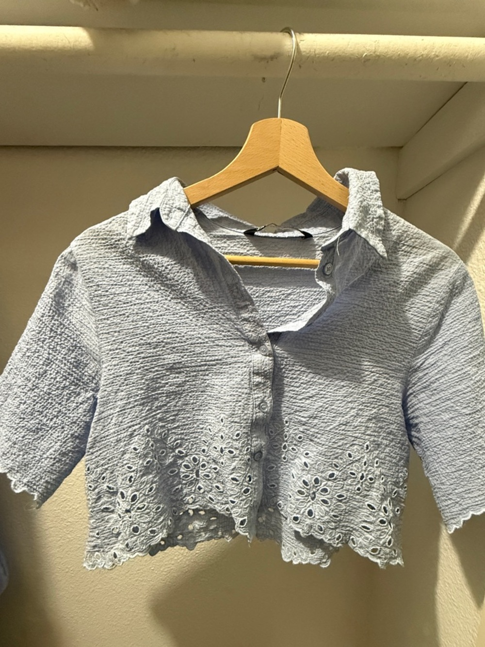 Zara Light Blue Eyelet Cropped Button-Down Top